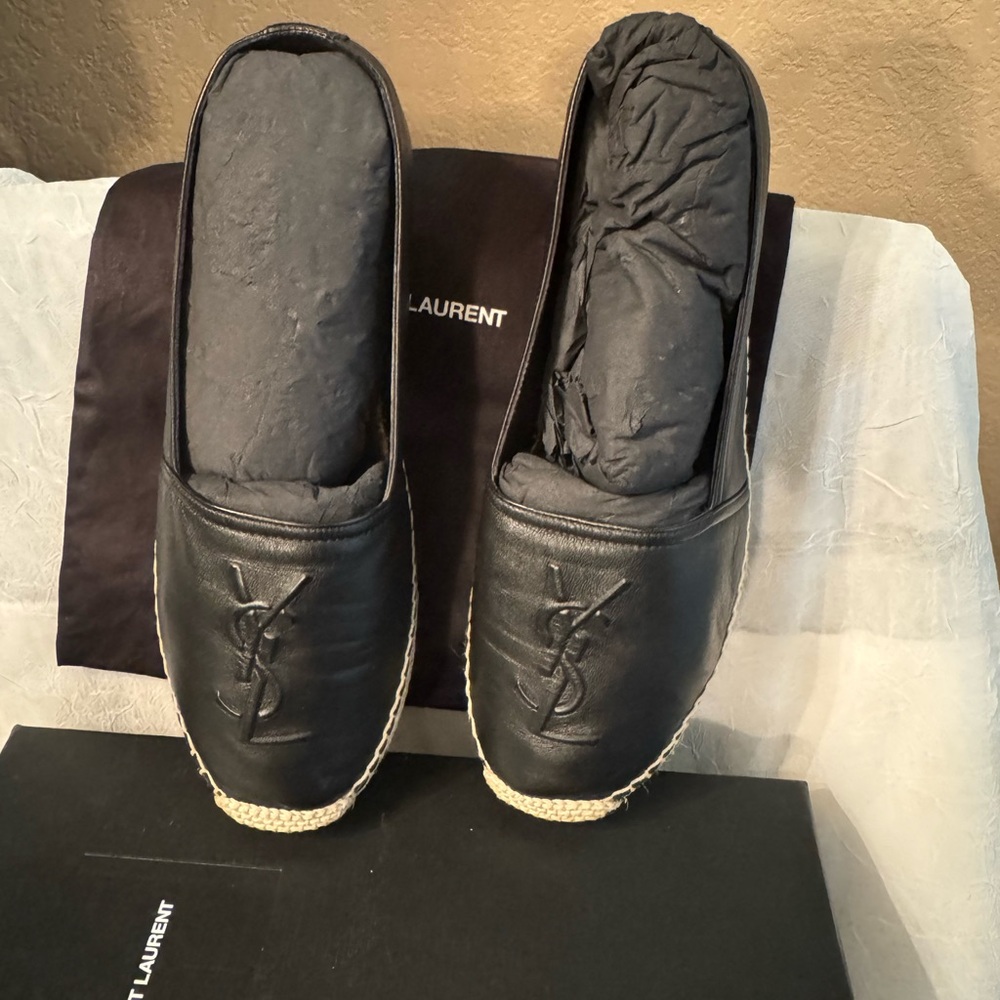 Saint Laurent Black Leather Espadrille Slip-On Flats